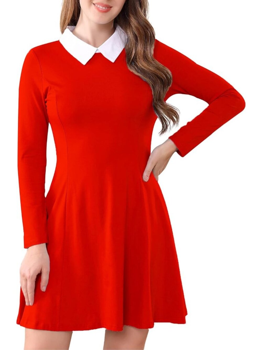 Women's Red Long Sleeve Peter Pan Collar A Line Fit & Flare Skater Goth Dress